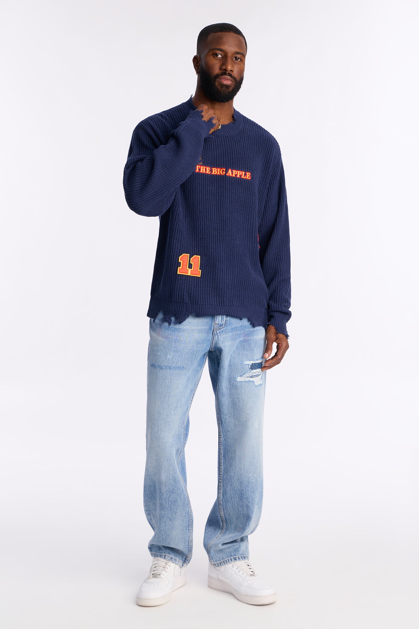 The Big Apple Distressed Sweater - Navy