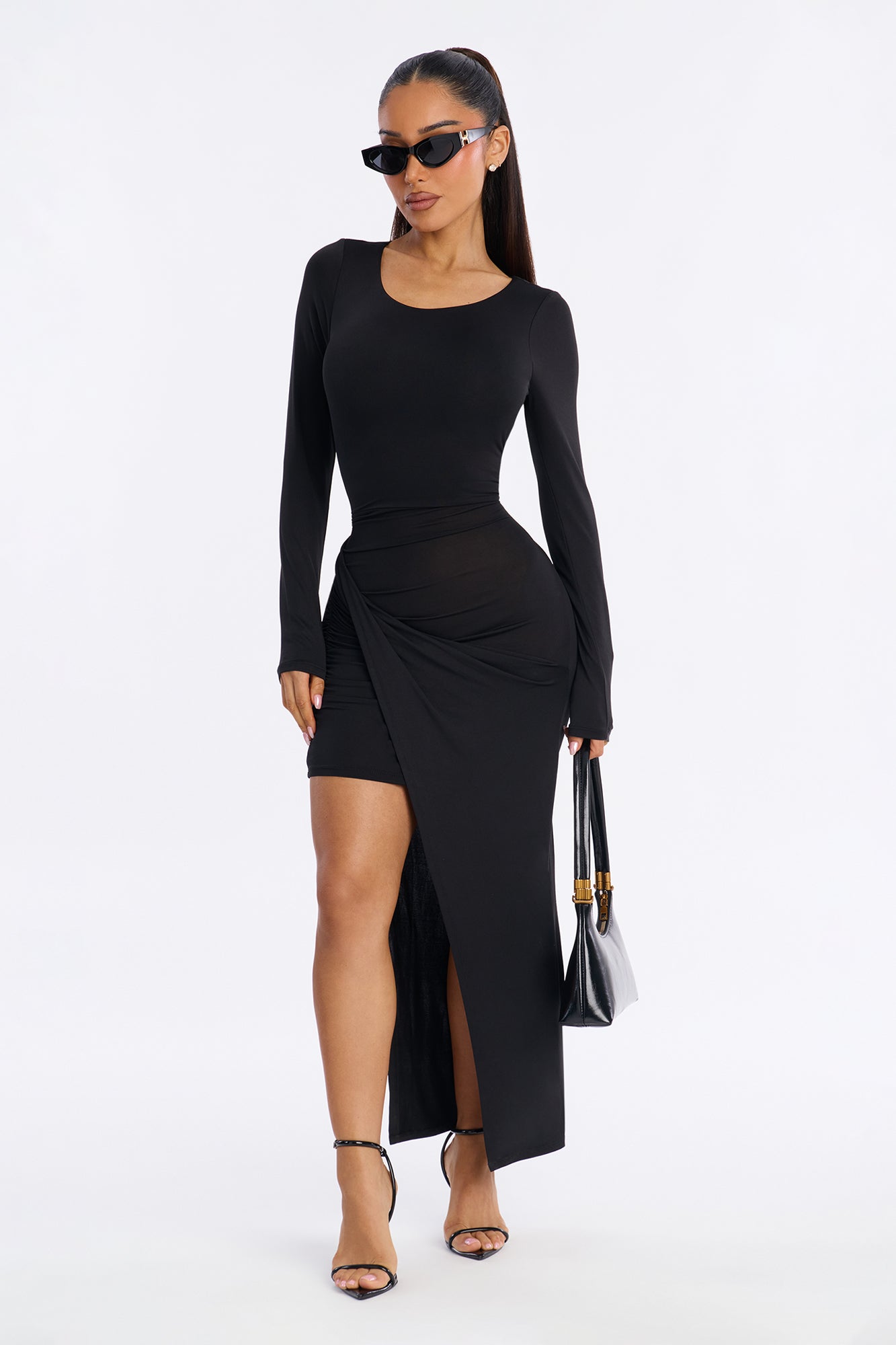 Lillien Ruched Draped Midi Dress - Black