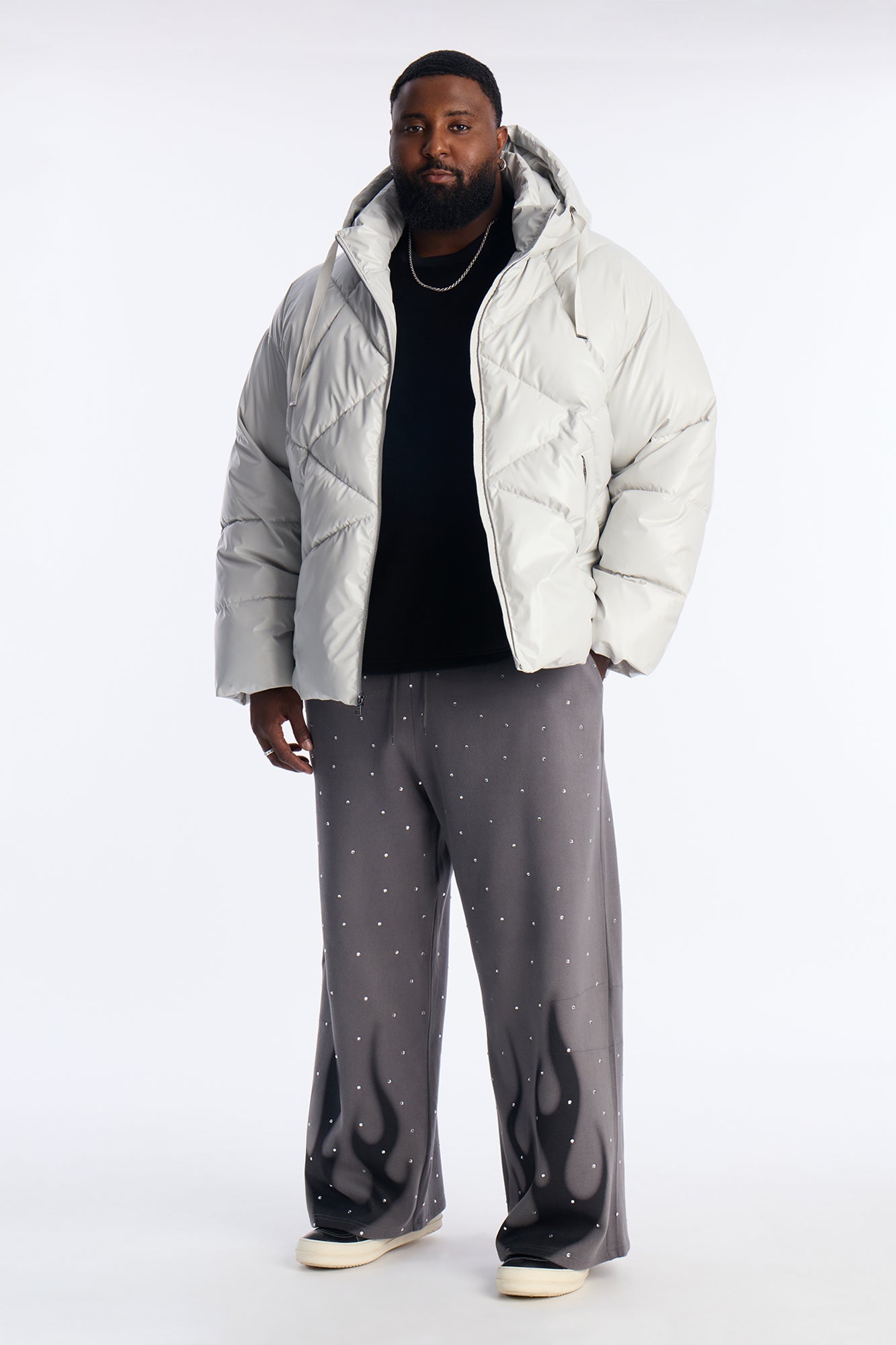 Oversized High Low Hooded Puffer Jacket - Grey