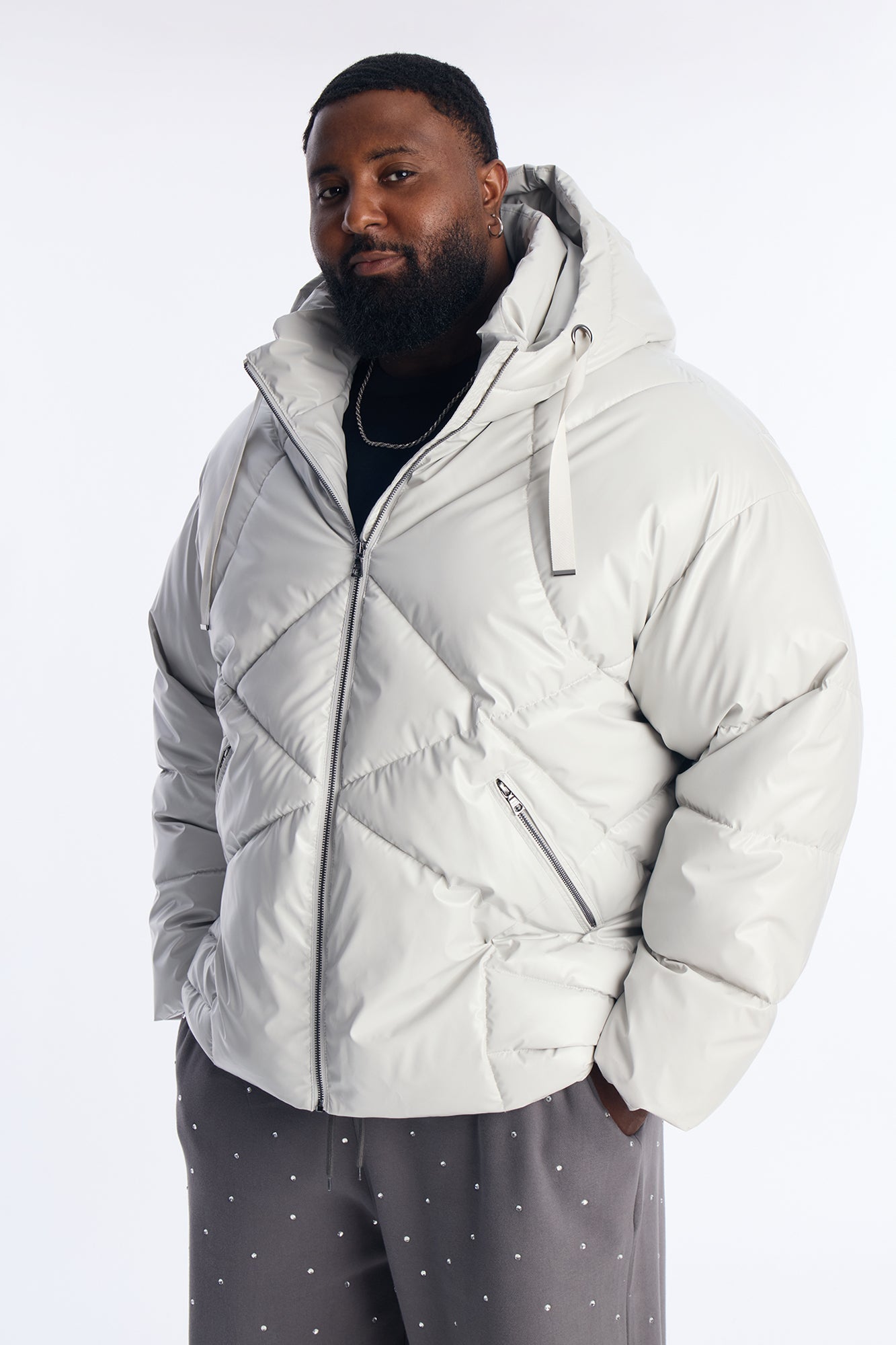 Oversized High Low Hooded Puffer Jacket - Grey