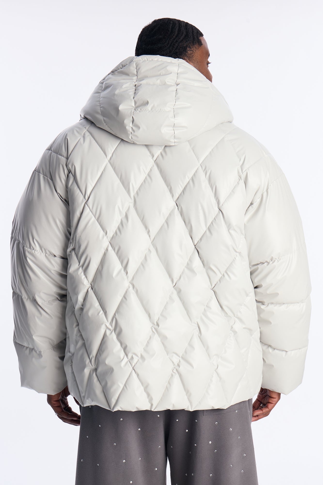 Oversized High Low Hooded Puffer Jacket - Grey