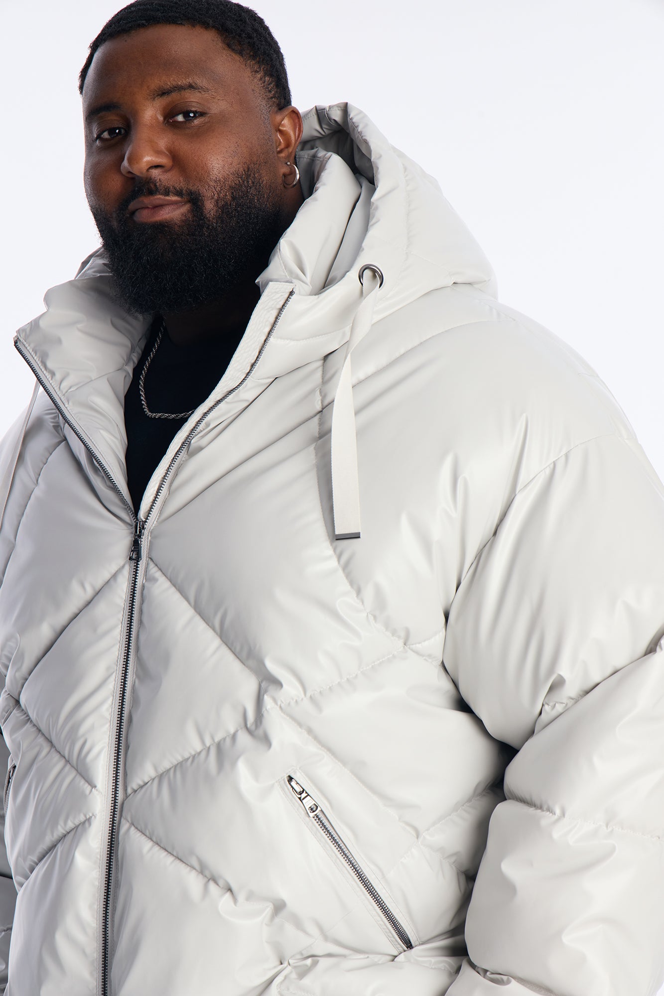 Oversized High Low Hooded Puffer Jacket - Grey