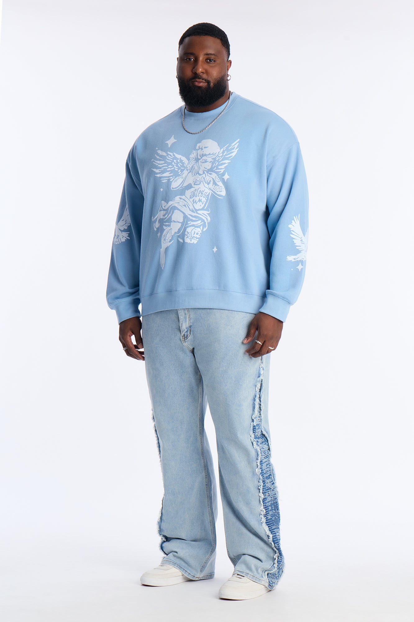 Stacked Slim Flare Fray Panel Jean - Light Blue Wash
