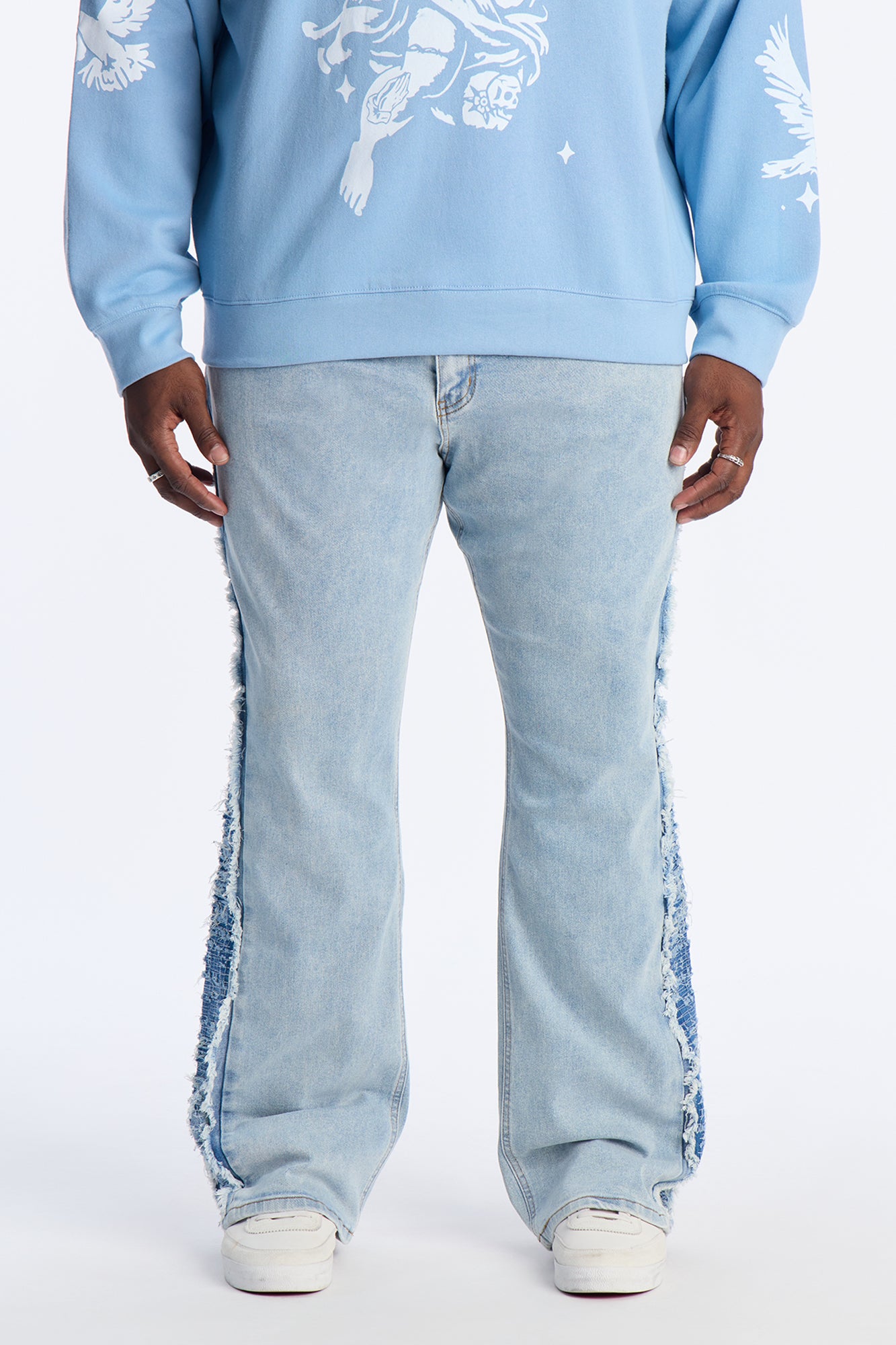 Stacked Slim Flare Fray Panel Jean - Light Blue Wash