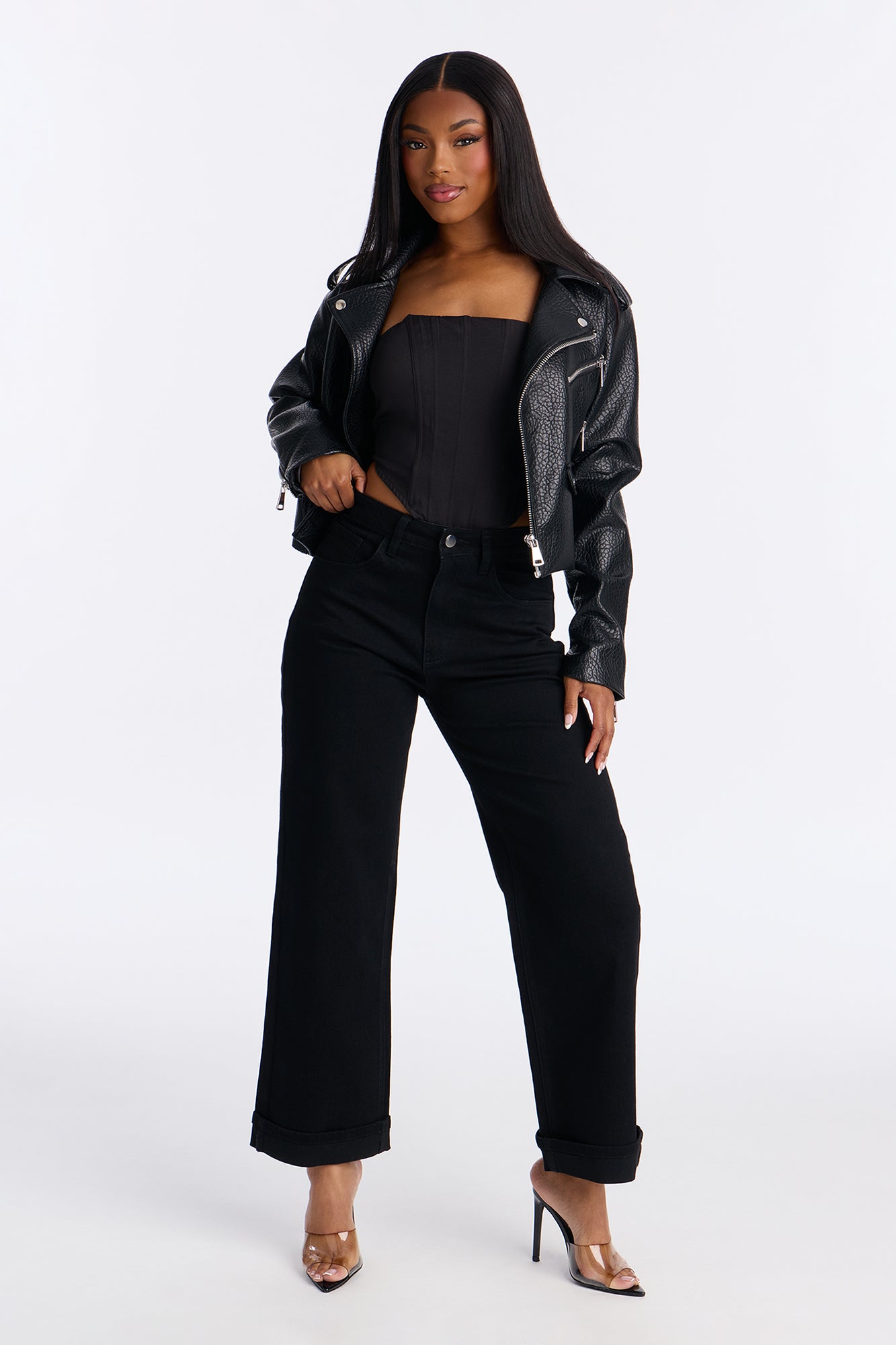 Love You Roll Cuff Mom Jeans - Black