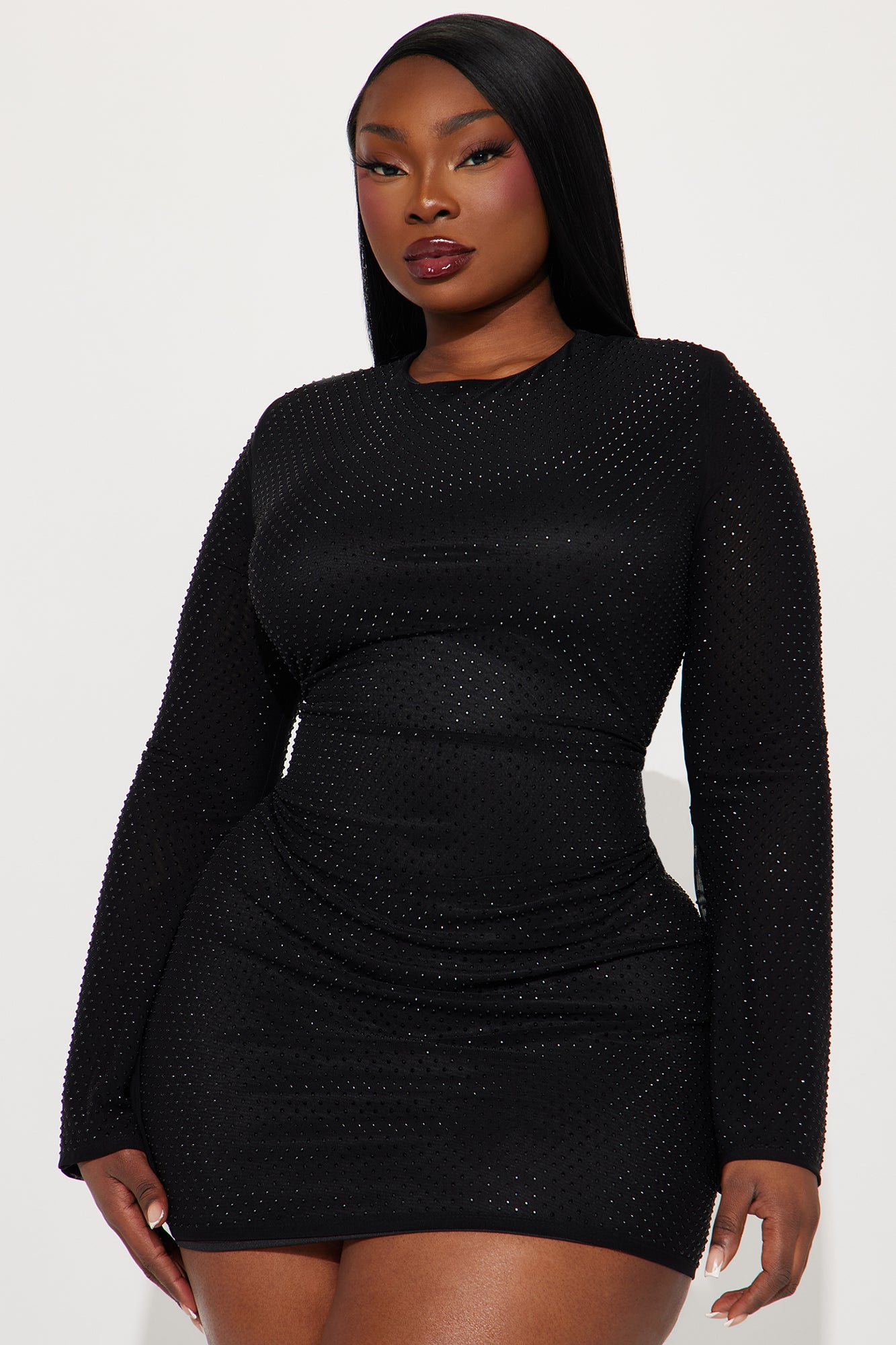 Sarah Rhinestone Mesh Mini Dress - Black