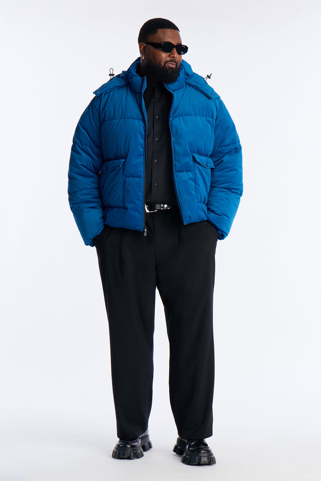 Cropped Hooded Velvet Classic Puffer Jacket - Blue