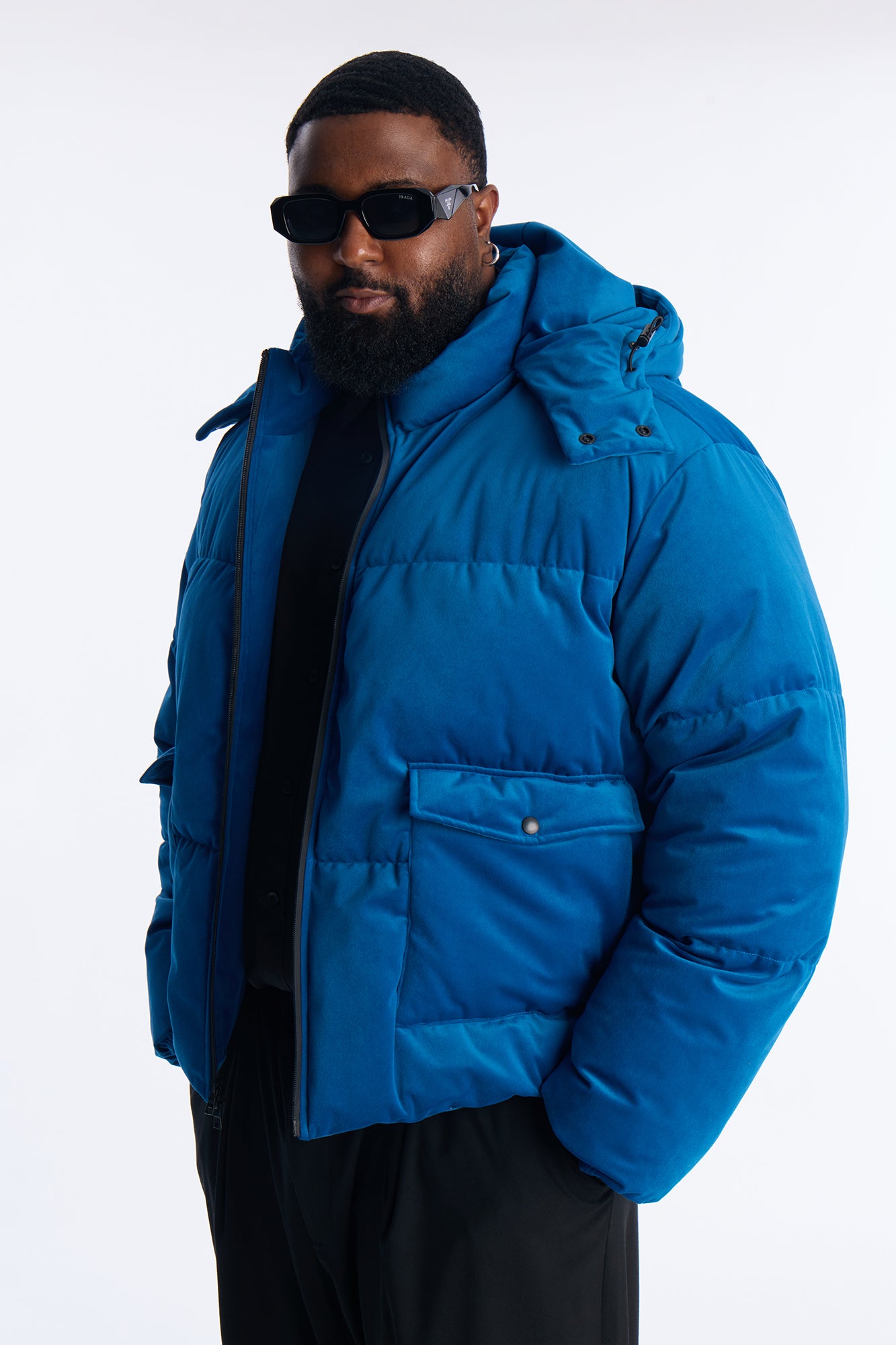 Cropped Hooded Velvet Classic Puffer Jacket - Blue