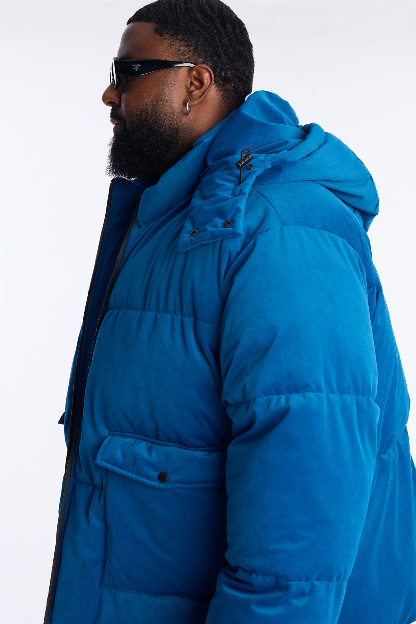 Cropped Hooded Velvet Classic Puffer Jacket - Blue