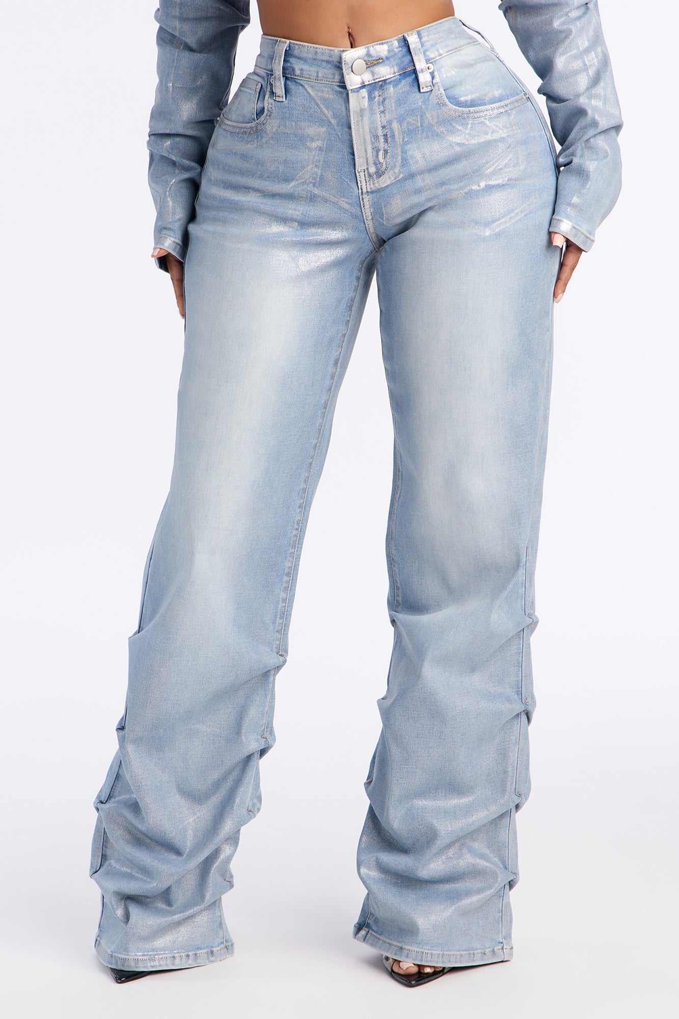 Frenchie Foil Stacked Slim Jeans - Light Wash