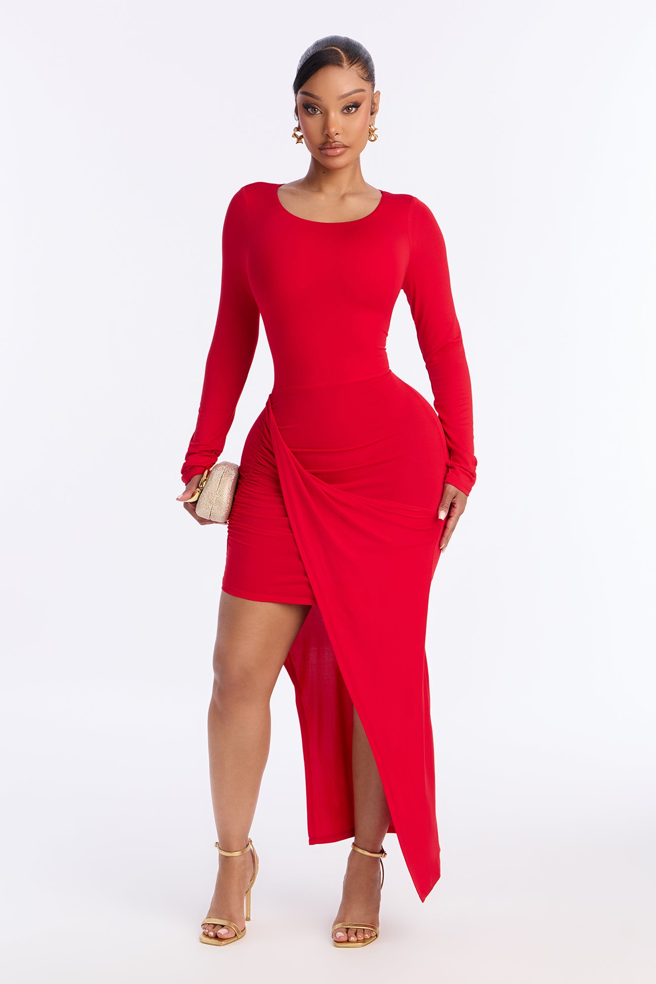Lillien Ruched Draped Midi Dress - Red