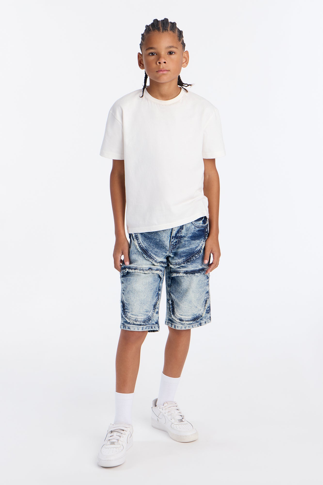 Mini Making Progress Moto Denim Shorts - Bleach Blue Wash