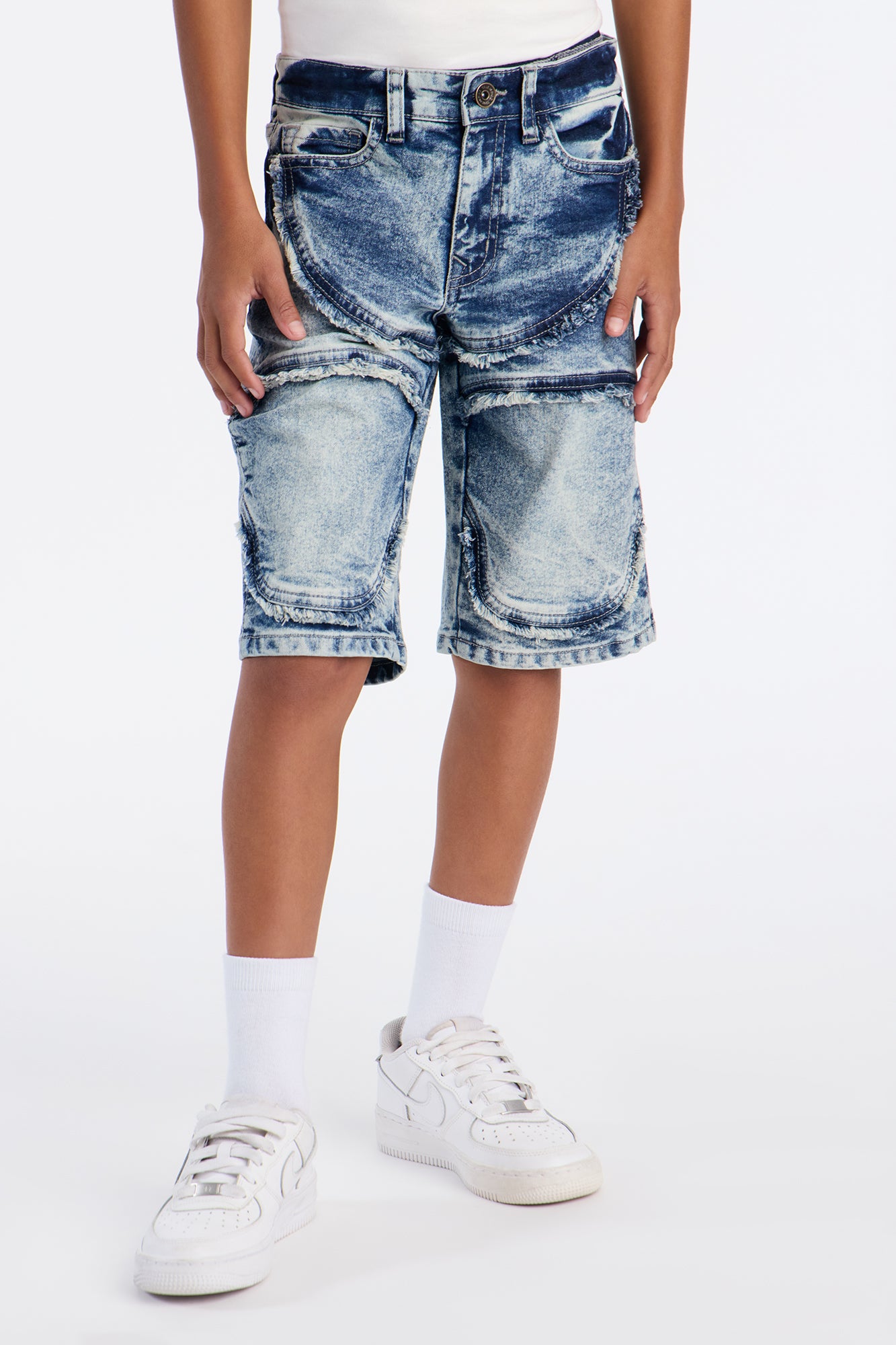 Mini Making Progress Moto Denim Shorts - Bleach Blue Wash