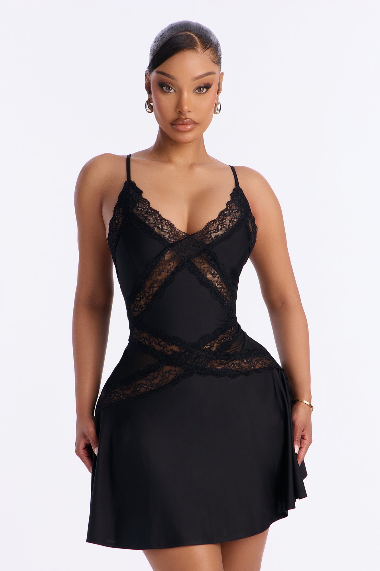 Soft Girl Era Lace Trim Mini Dress - Black