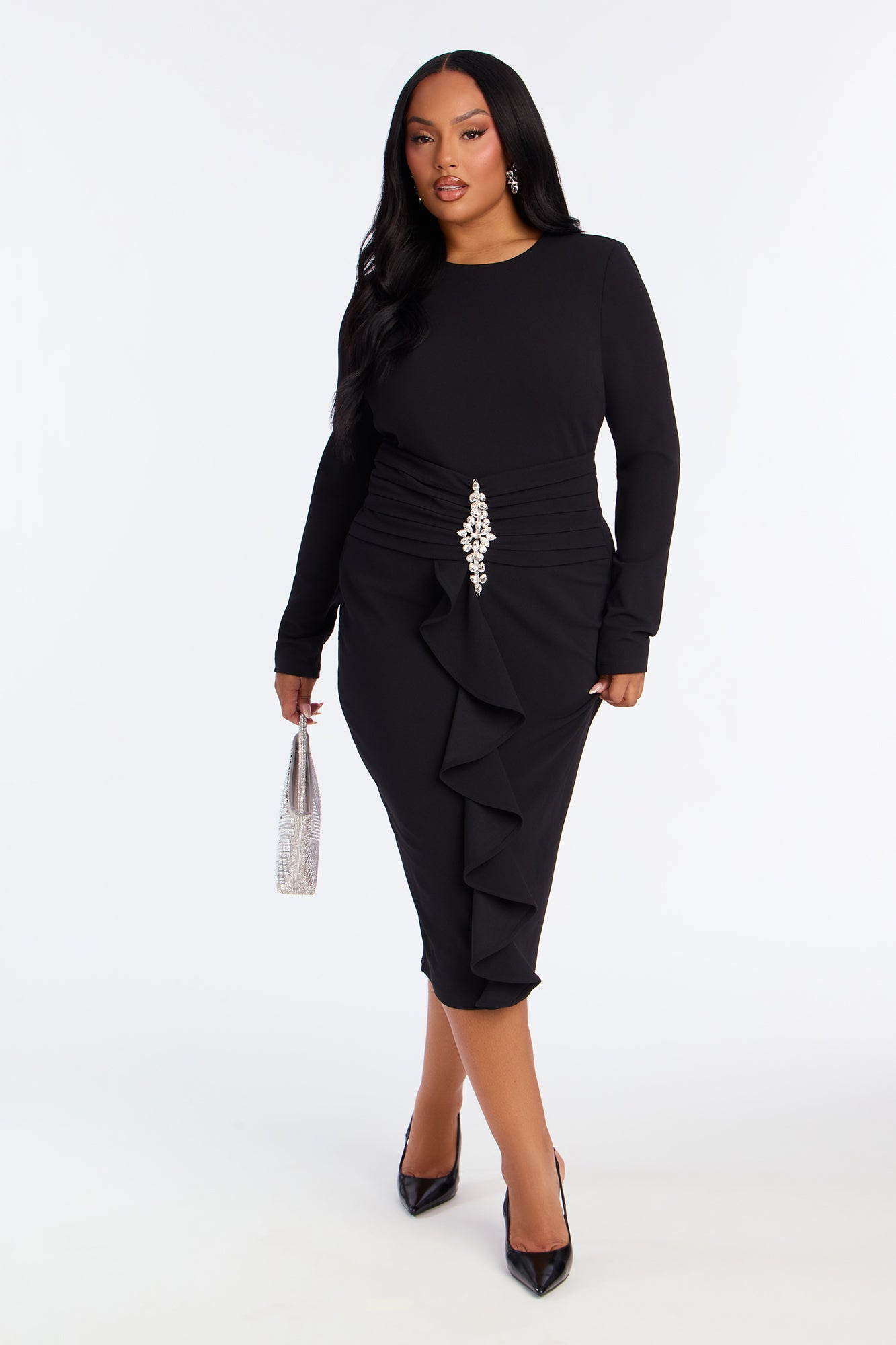 Mandy Long Sleeve Ruffle Midi Dress - Black
