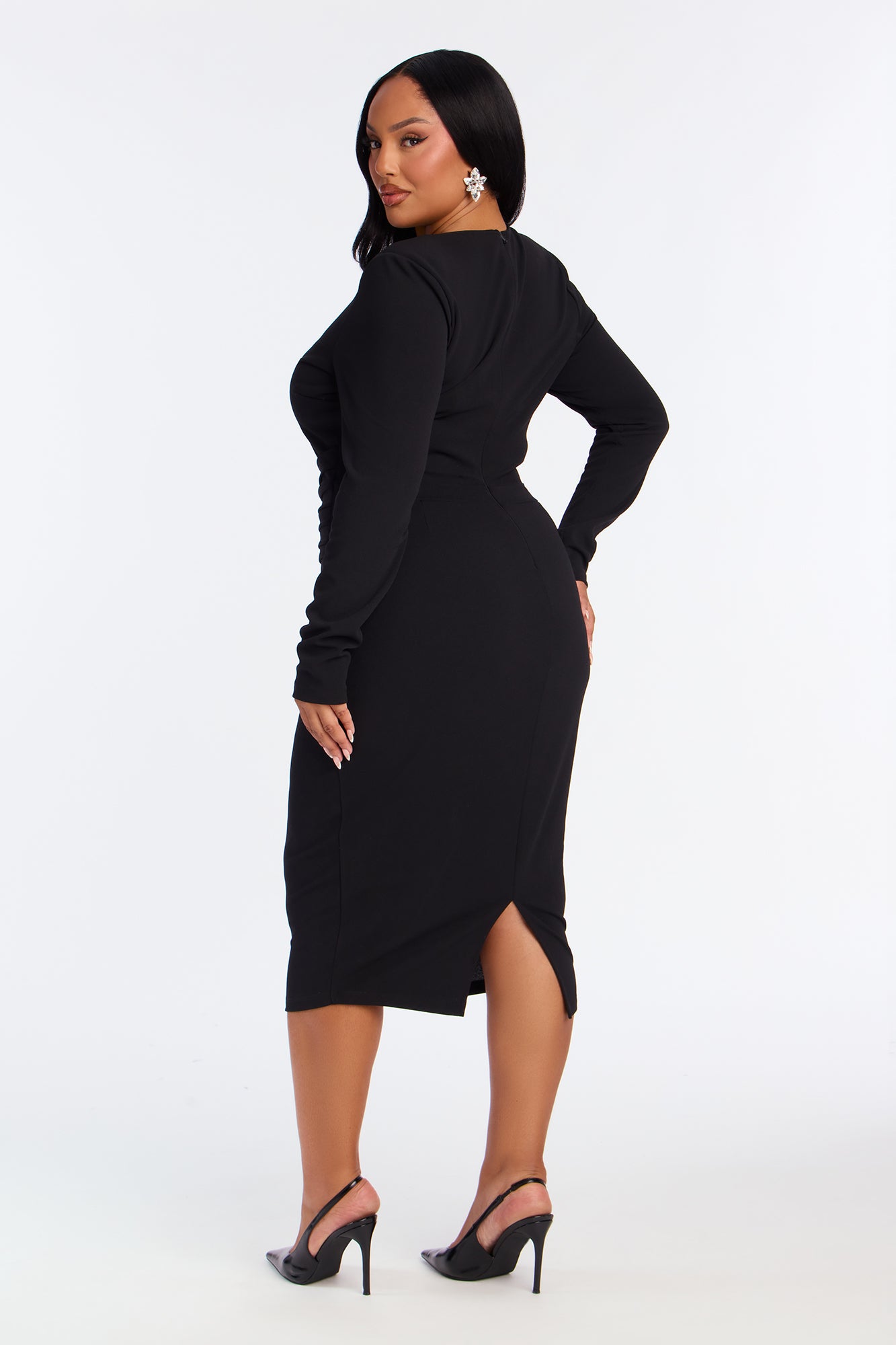 Mandy Long Sleeve Ruffle Midi Dress - Black