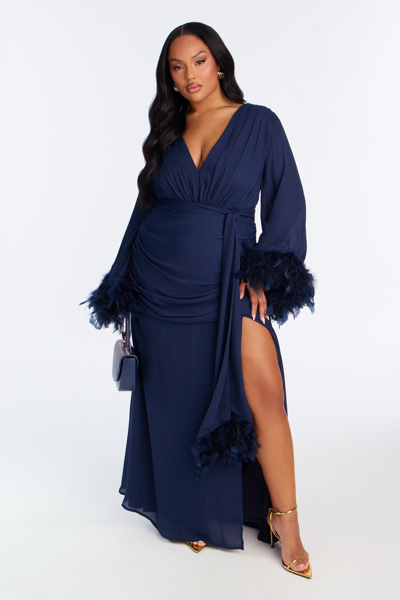 Sashira Feathered Chiffon Gown - Navy