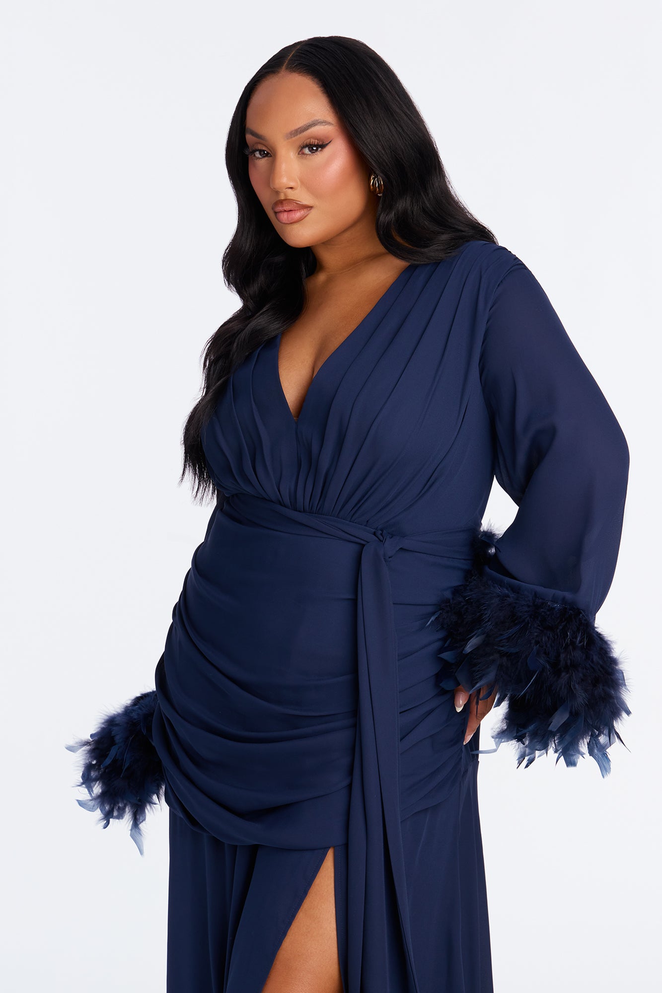 Sashira Feathered Chiffon Gown - Navy