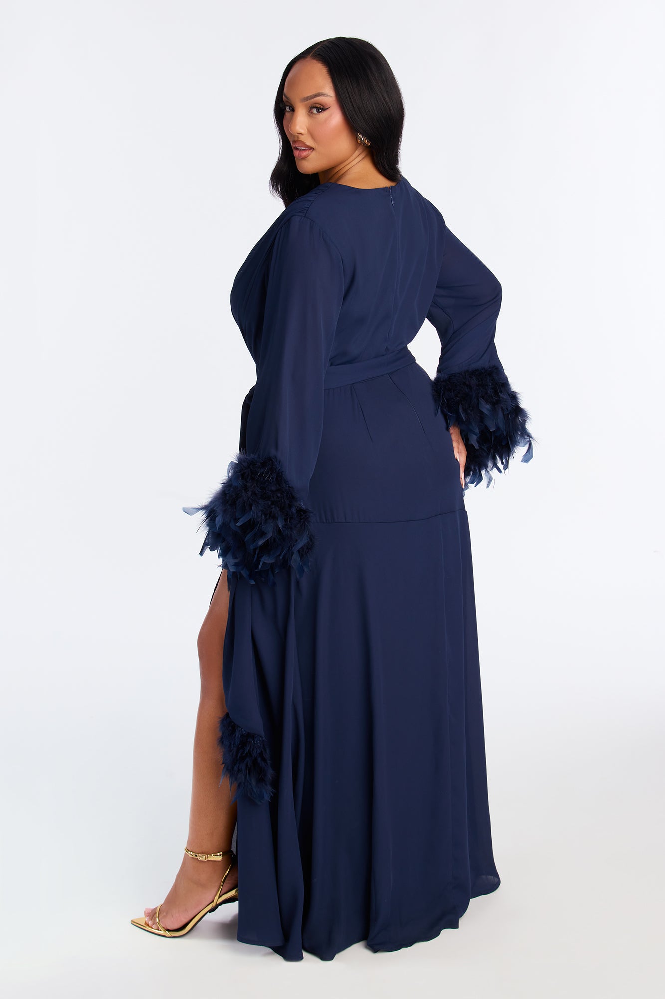 Sashira Feathered Chiffon Gown - Navy
