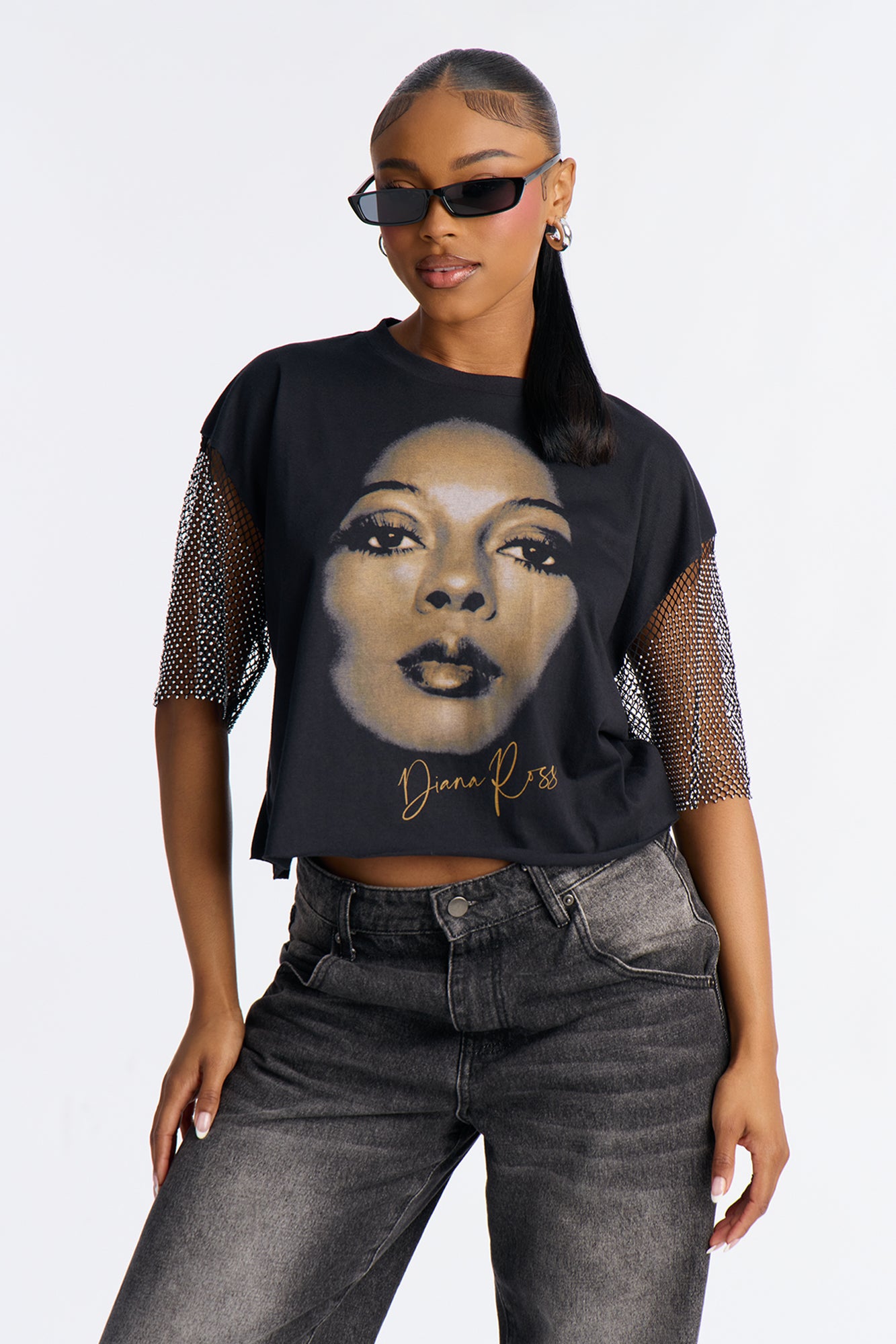 Diana Ross Rhinestone Short Sleeve Tshirt - Black