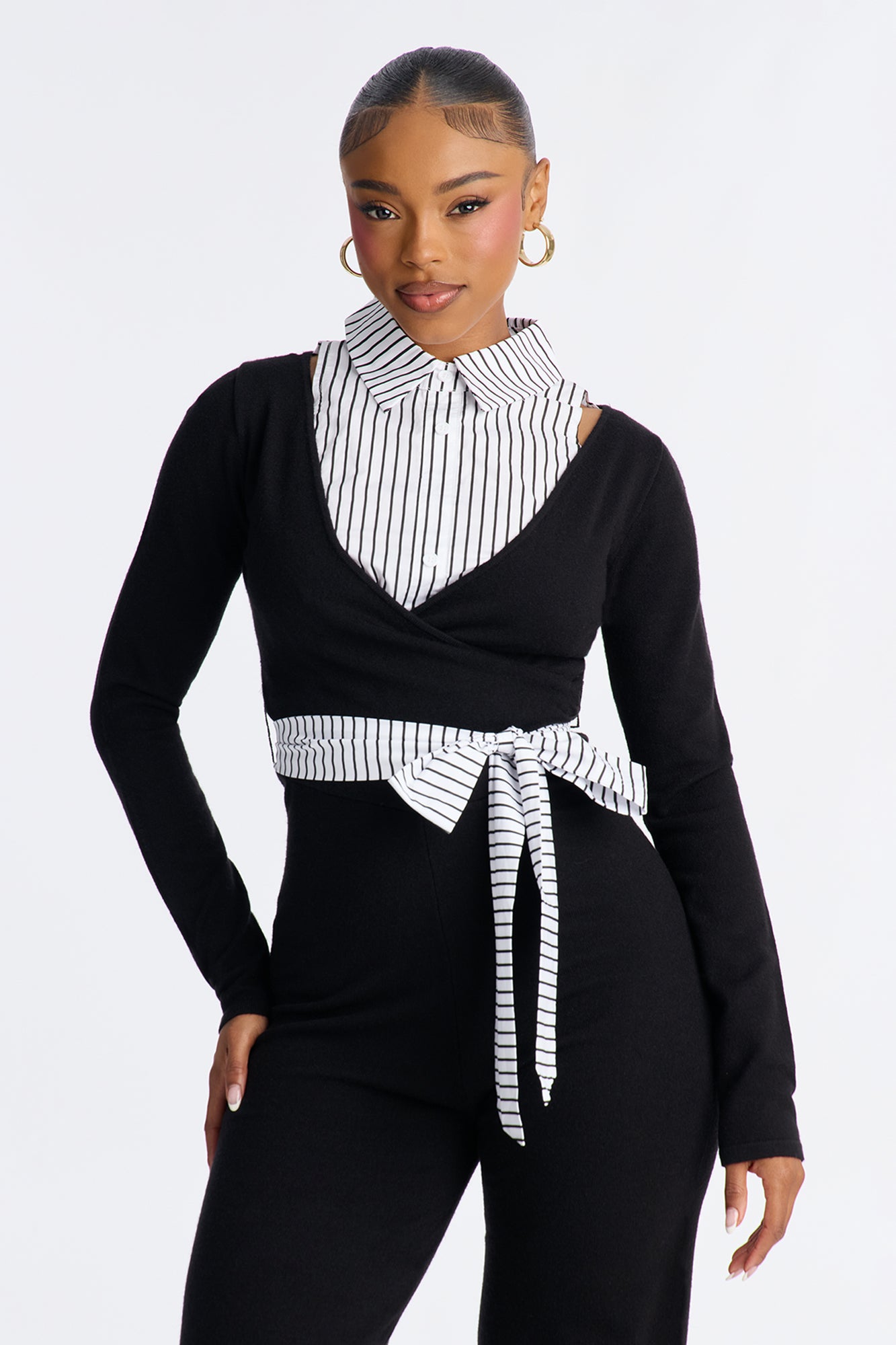 Gianna Tie Waist Collar Sweater Jumpsuit - Black/White