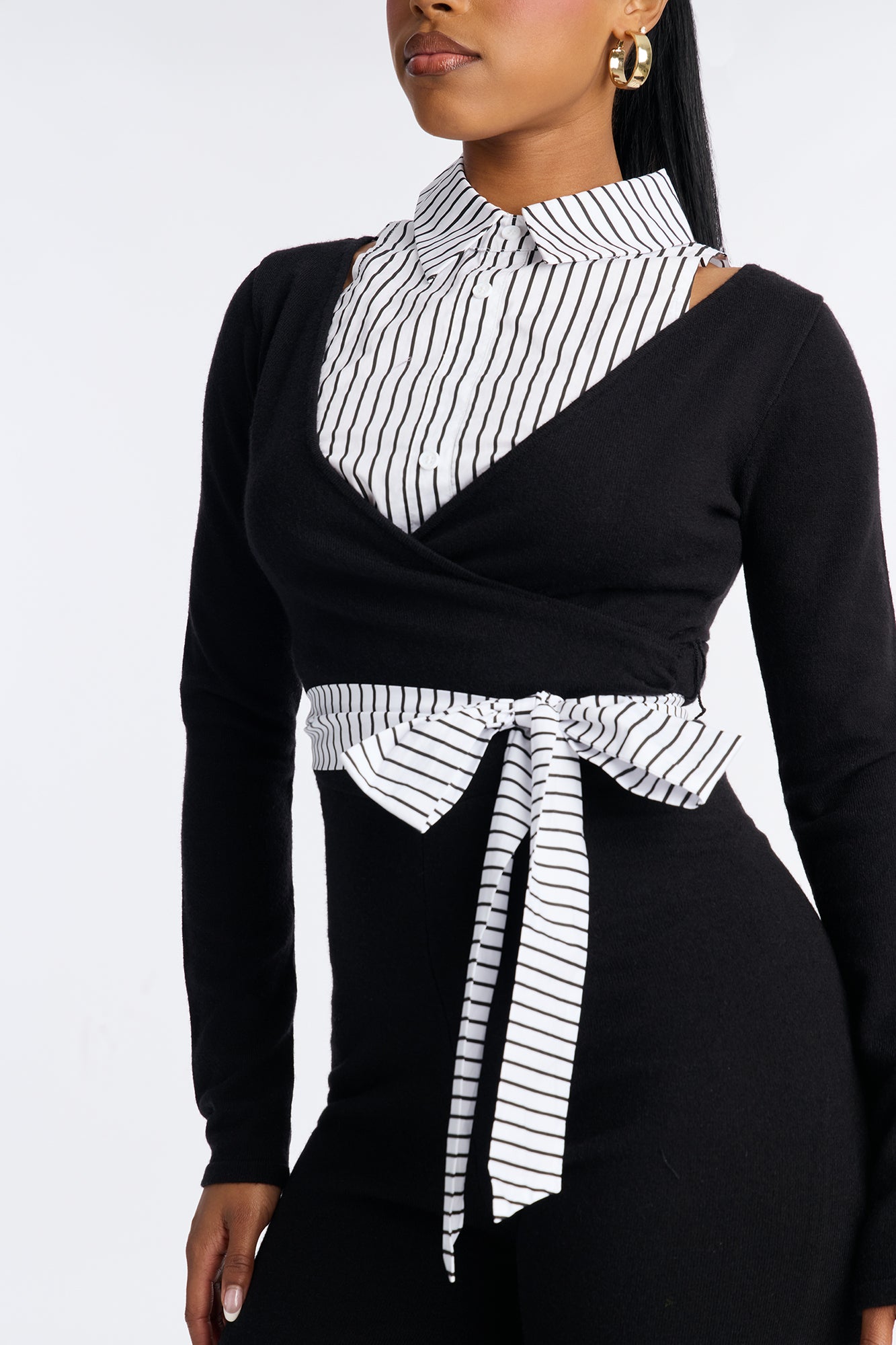 Gianna Tie Waist Collar Sweater Jumpsuit - Black/White