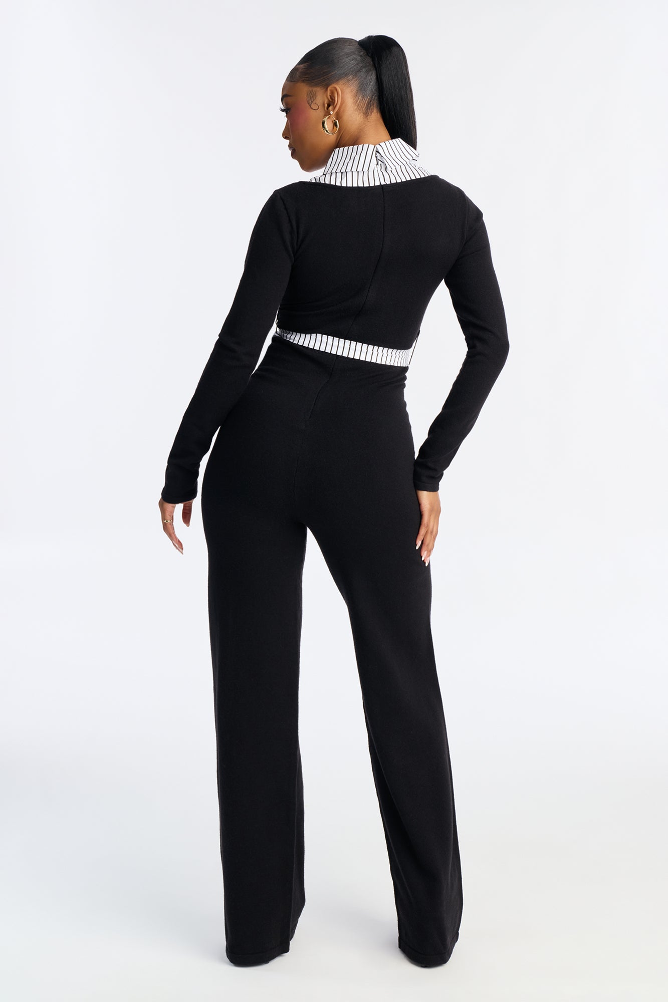Gianna Tie Waist Collar Sweater Jumpsuit - Black/White