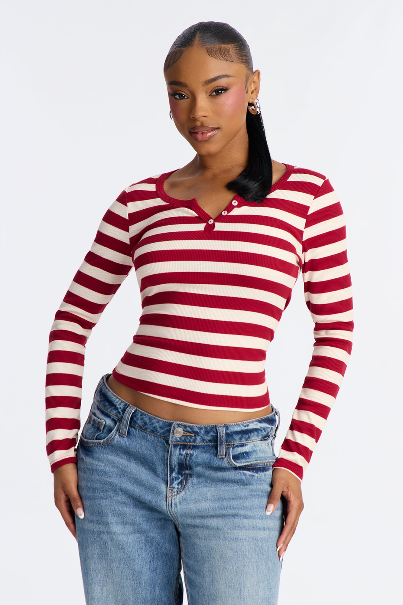 Katherine Striped Long Sleeve Top - Burgundy/combo