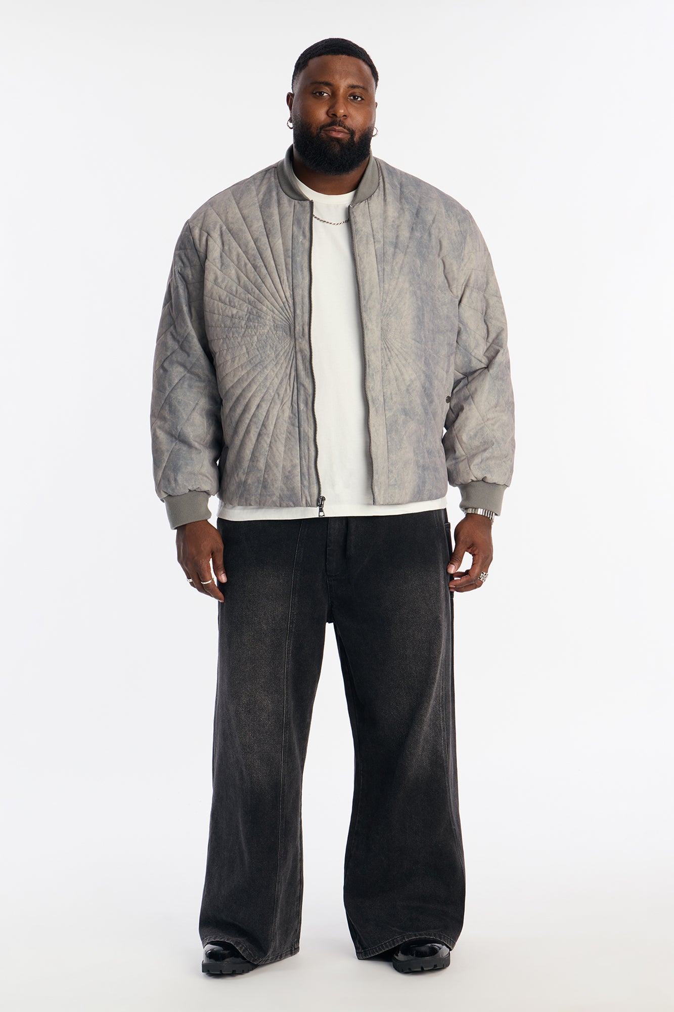 Dirty Washed Stitched Paneled Bomber Jacket - Grey