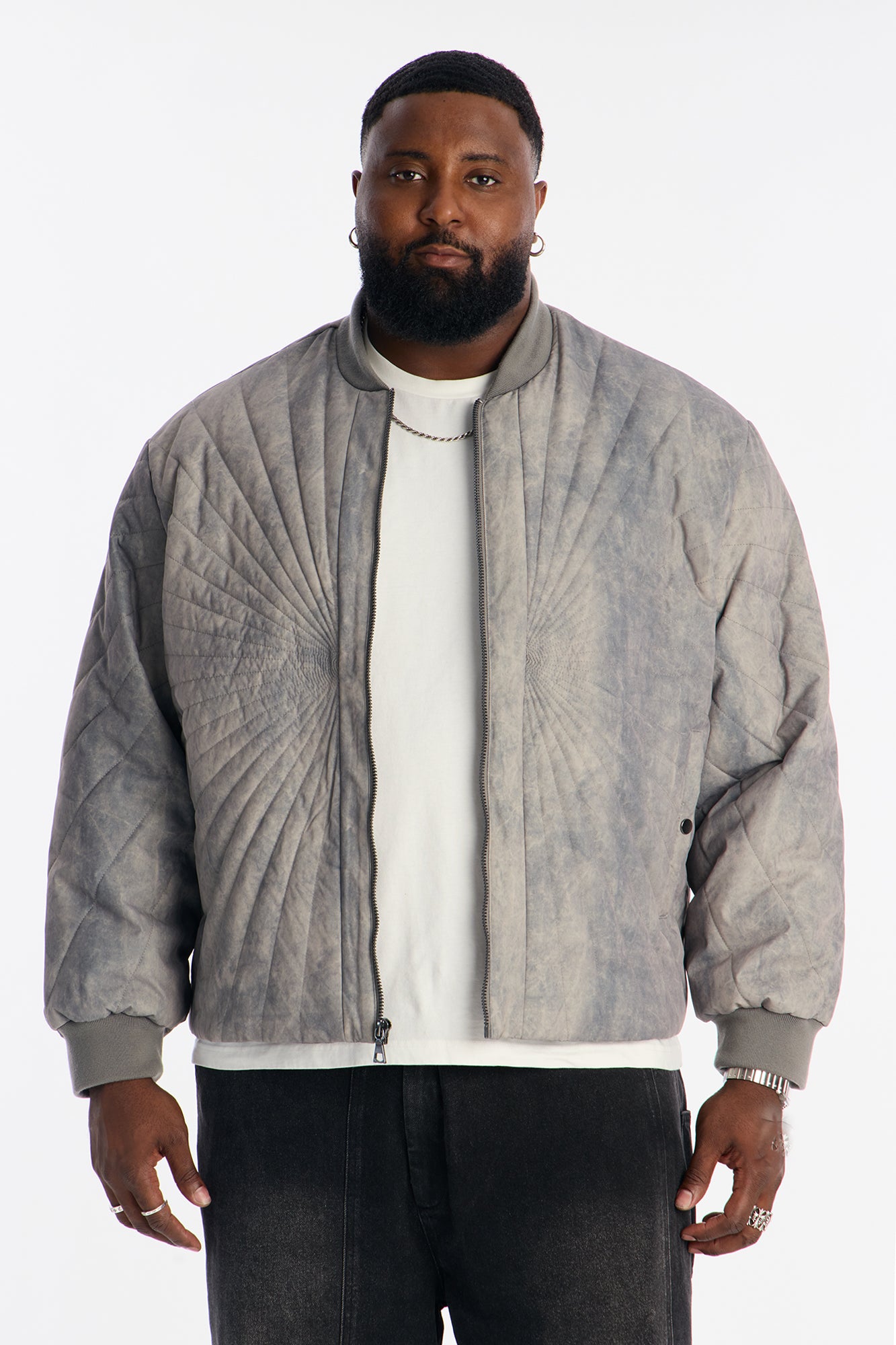 Dirty Washed Stitched Paneled Bomber Jacket - Grey