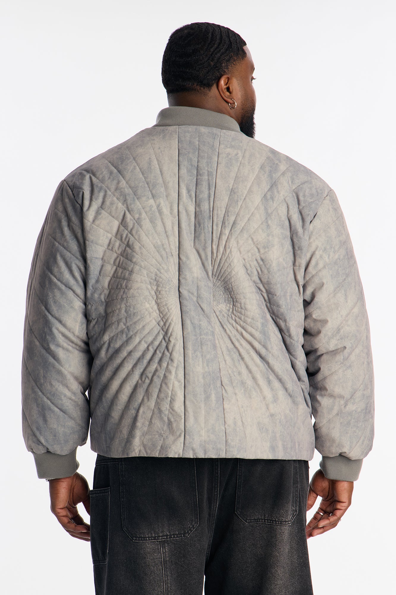Dirty Washed Stitched Paneled Bomber Jacket - Grey