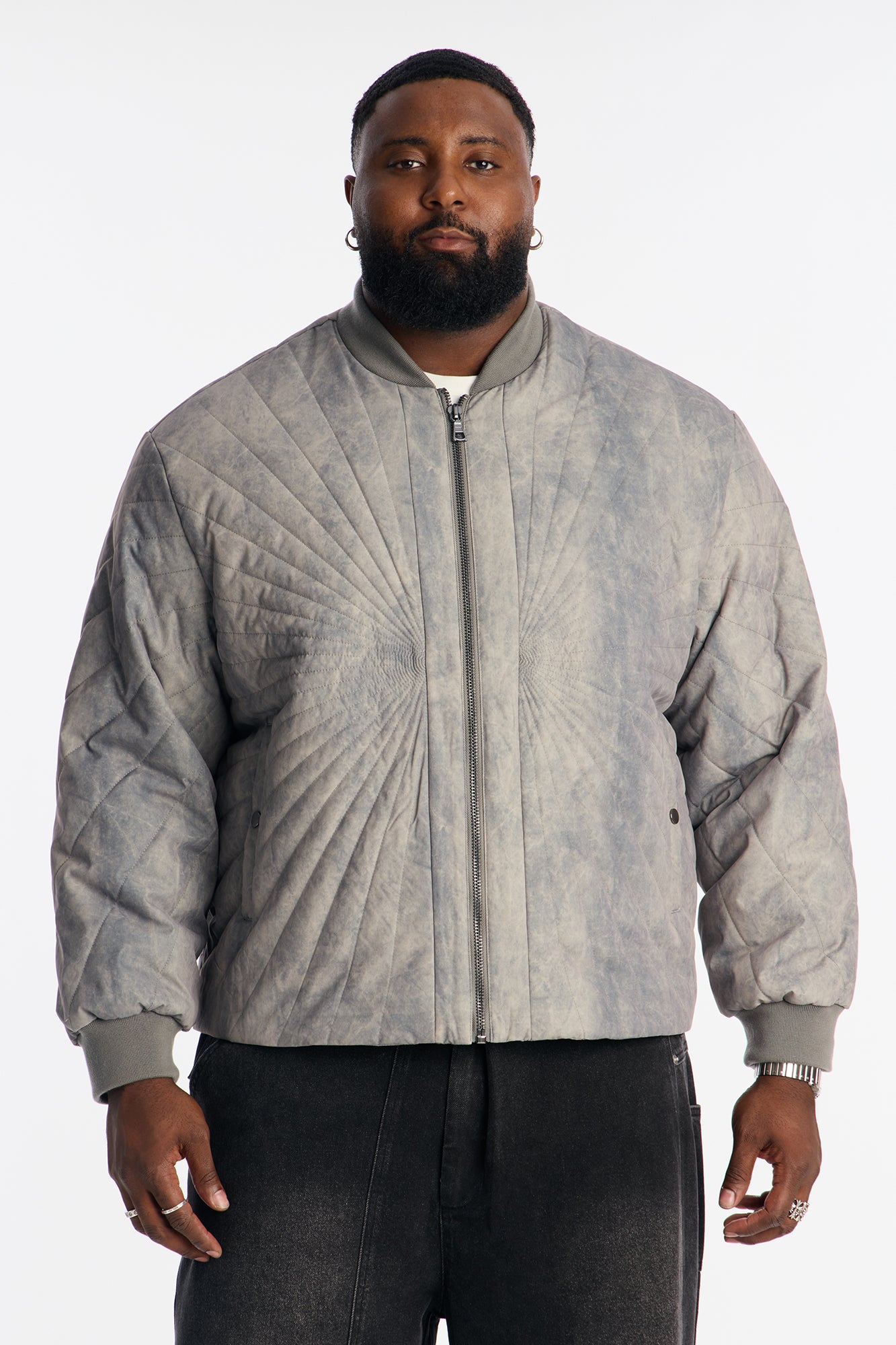 Dirty Washed Stitched Paneled Bomber Jacket - Grey