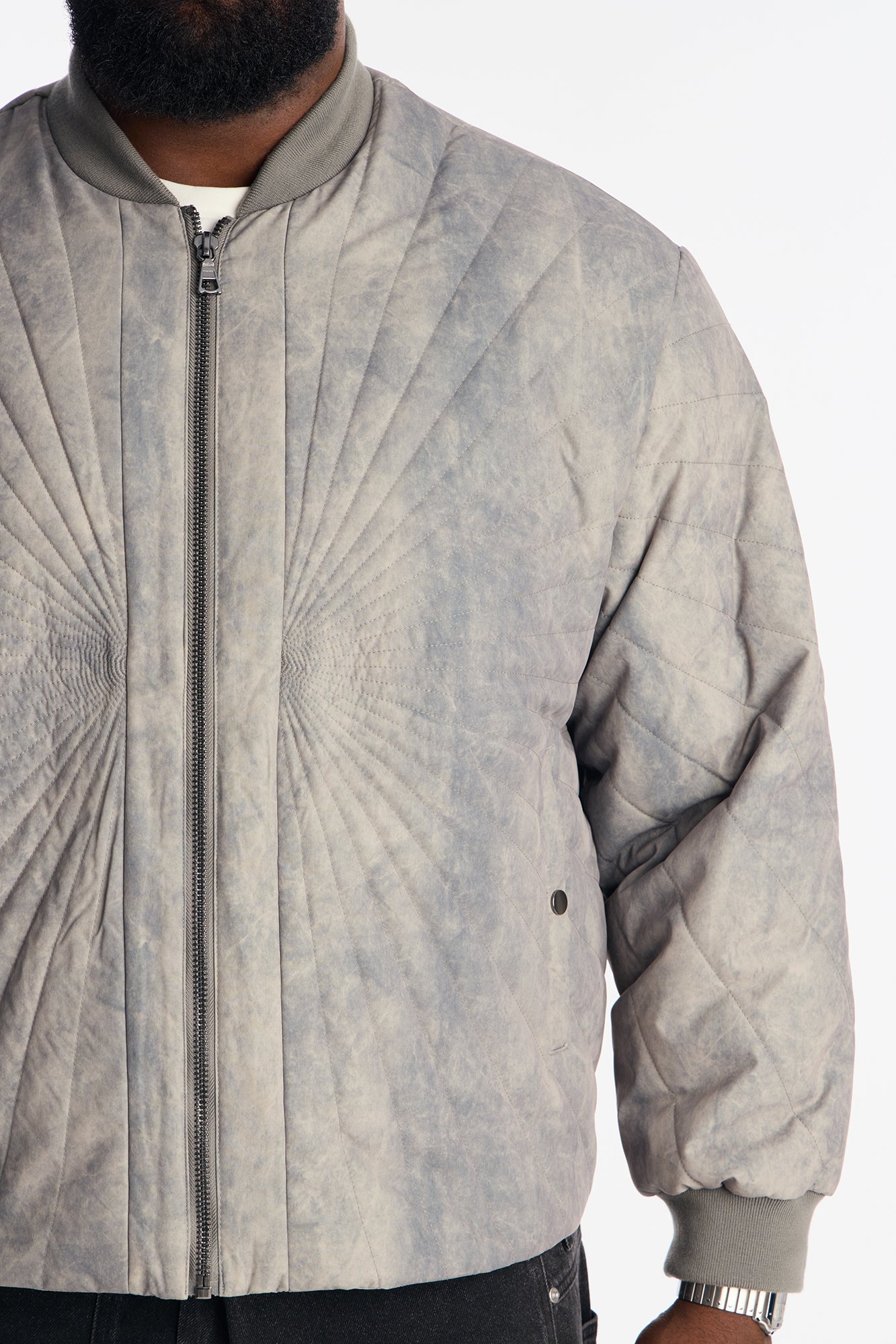 Dirty Washed Stitched Paneled Bomber Jacket - Grey