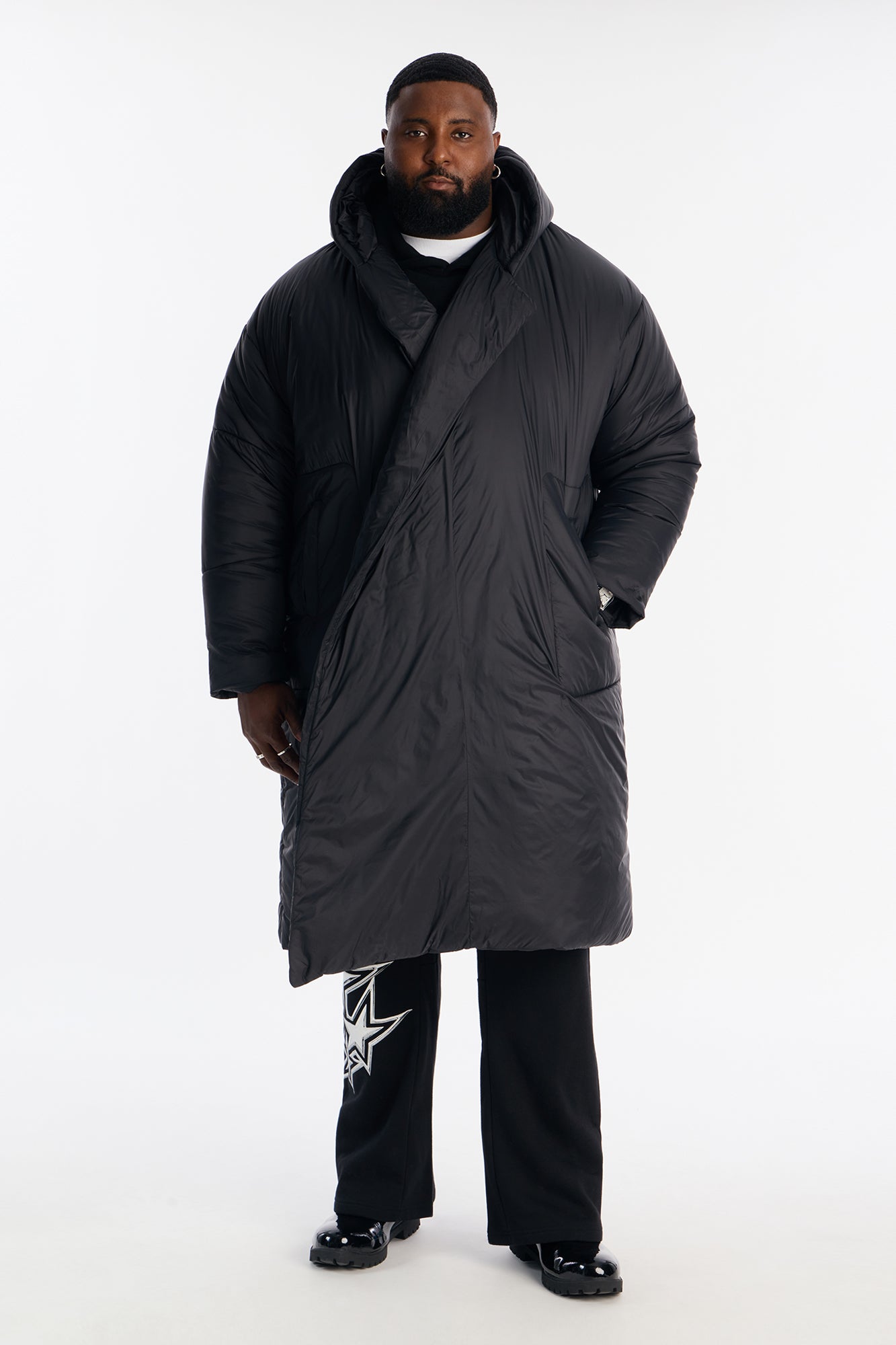 Hooded Oversized Exaggerated Wrap Long Puffer Jacket - Black