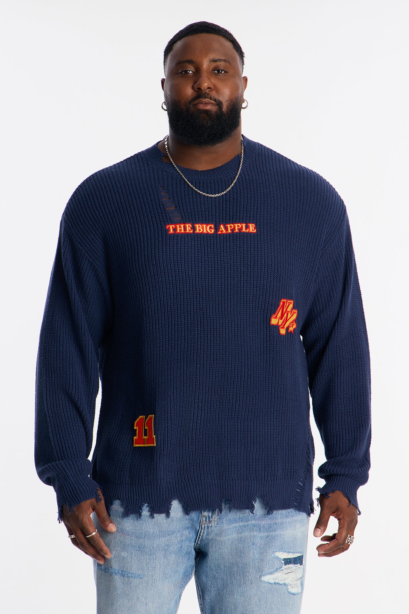 The Big Apple Distressed Sweater - Navy