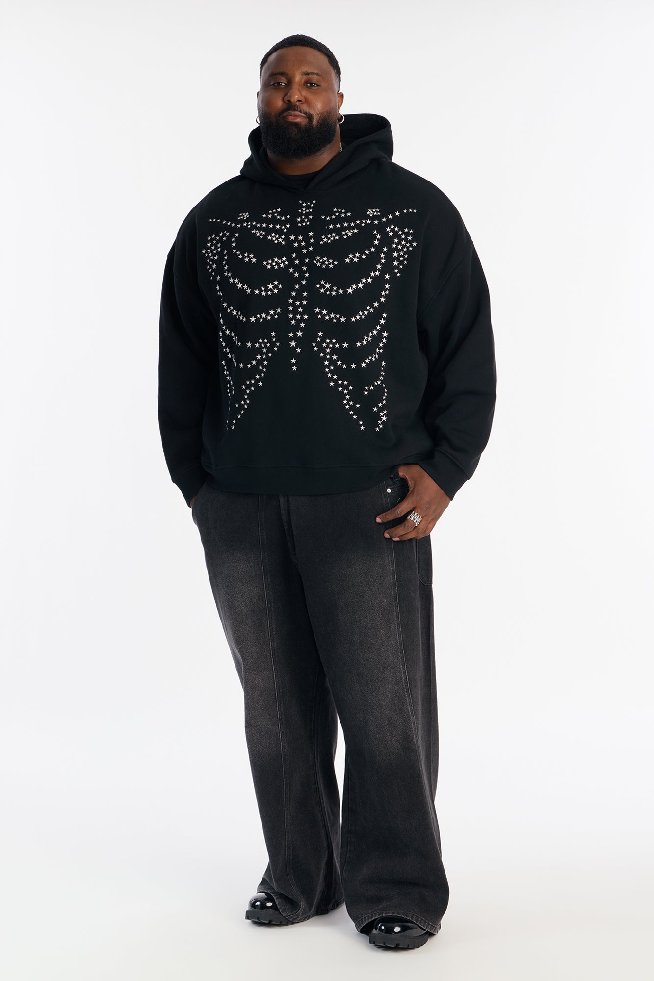 Skeleton Stars Embroidered Oversized Hoodie - Black
