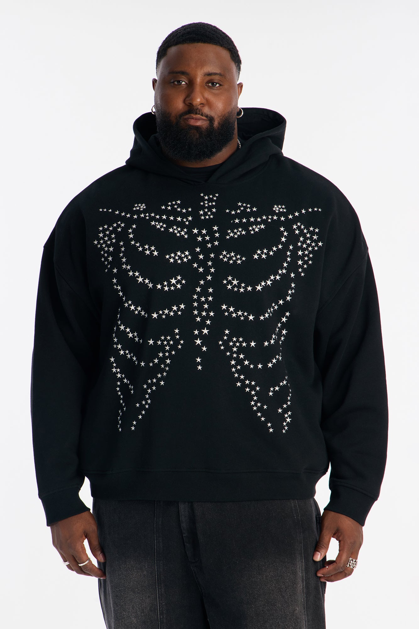 Skeleton Stars Embroidered Oversized Hoodie - Black