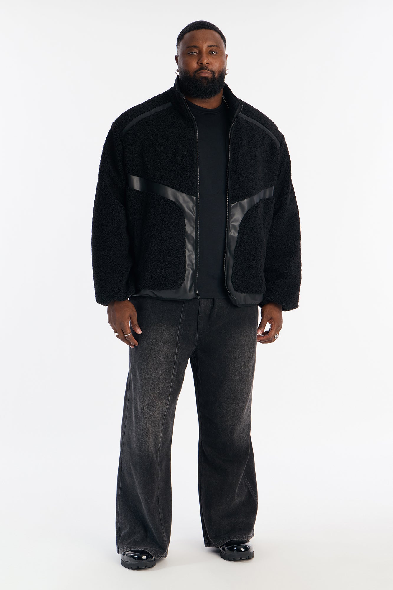 Oversized Sherpa Faux Leather Paneled Jacket - Black