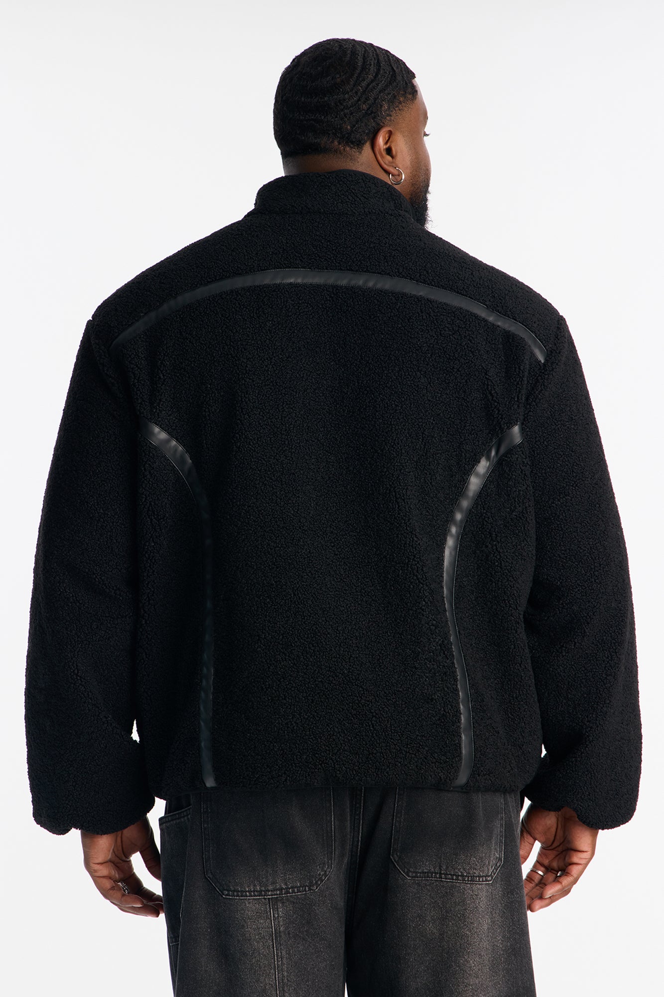 Oversized Sherpa Faux Leather Paneled Jacket - Black