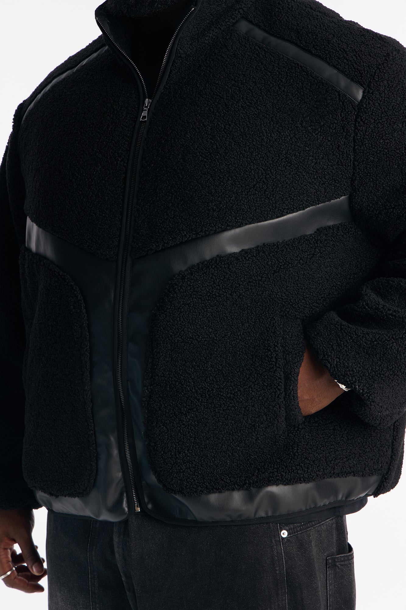 Oversized Sherpa Faux Leather Paneled Jacket - Black