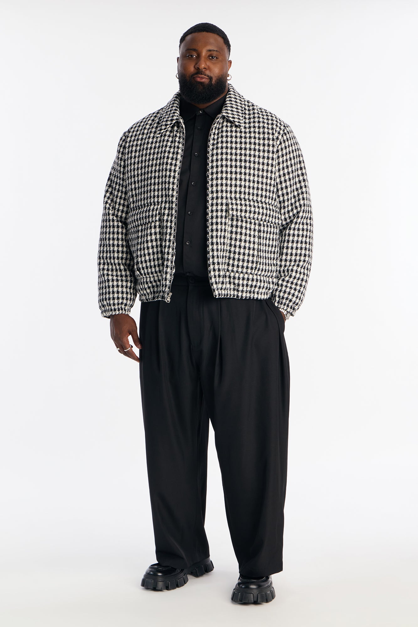 Ludlow Checkered Tweed Padded Bomber Jacket - Black/White
