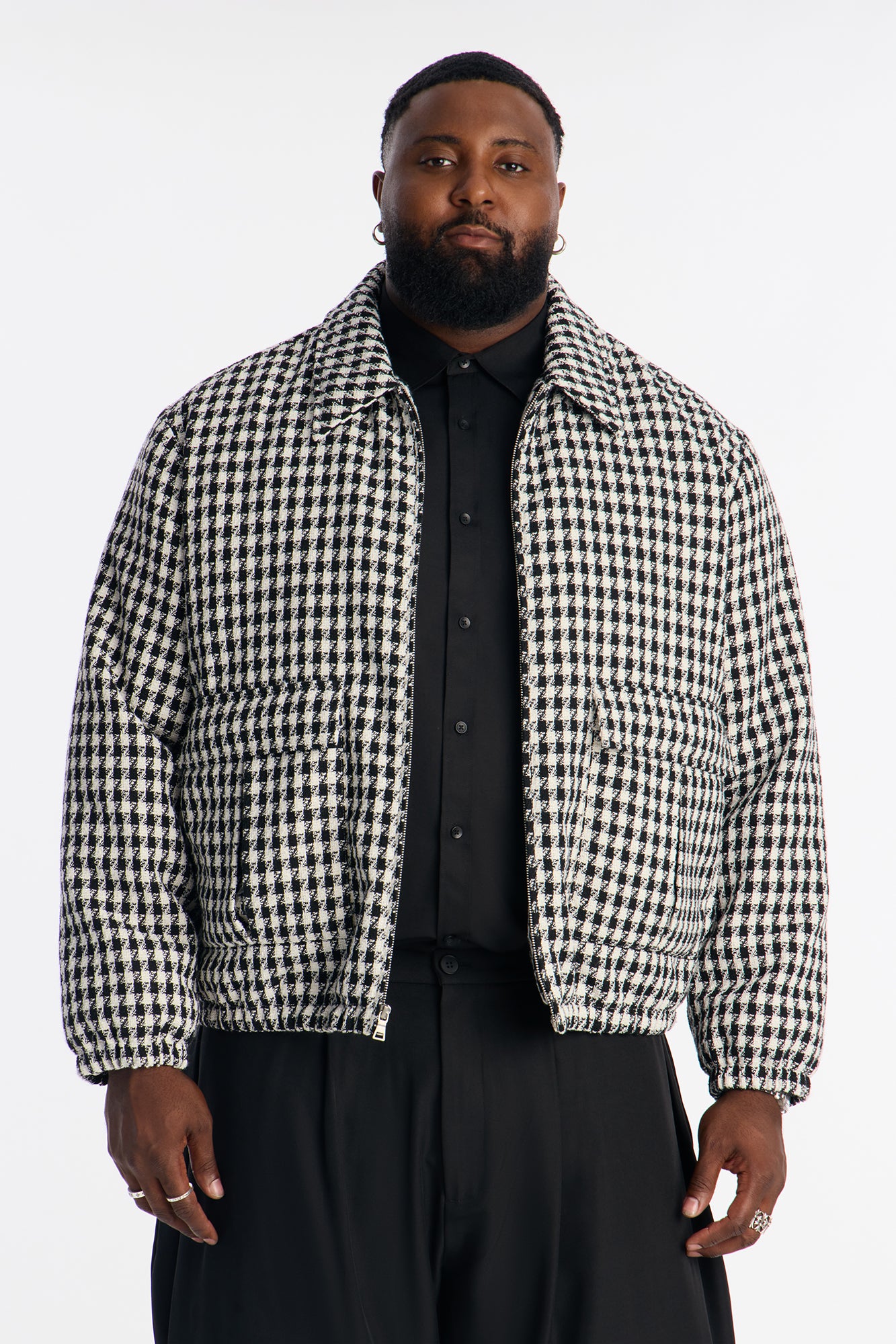 Ludlow Checkered Tweed Padded Bomber Jacket - Black/White