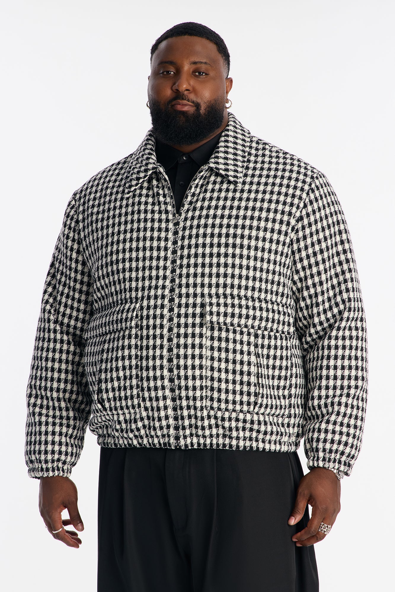 Ludlow Checkered Tweed Padded Bomber Jacket - Black/White