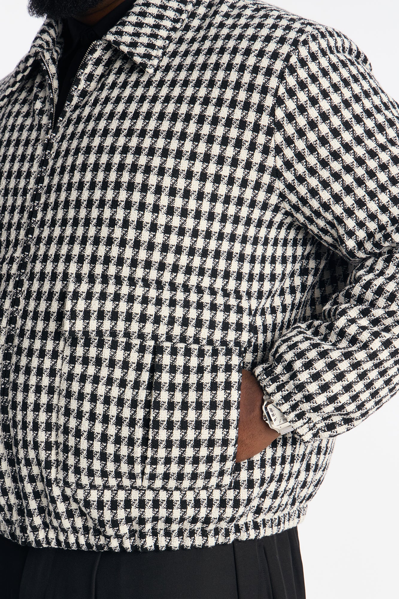 Ludlow Checkered Tweed Padded Bomber Jacket - Black/White