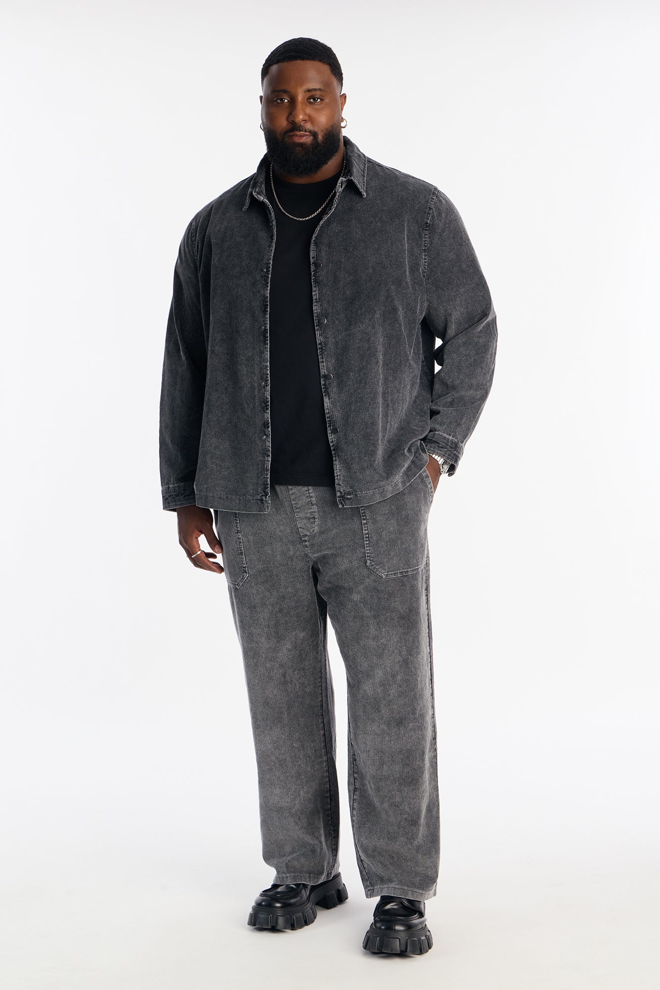 Chi Town Corduroy Button Up Shirt - Acid Wash Black