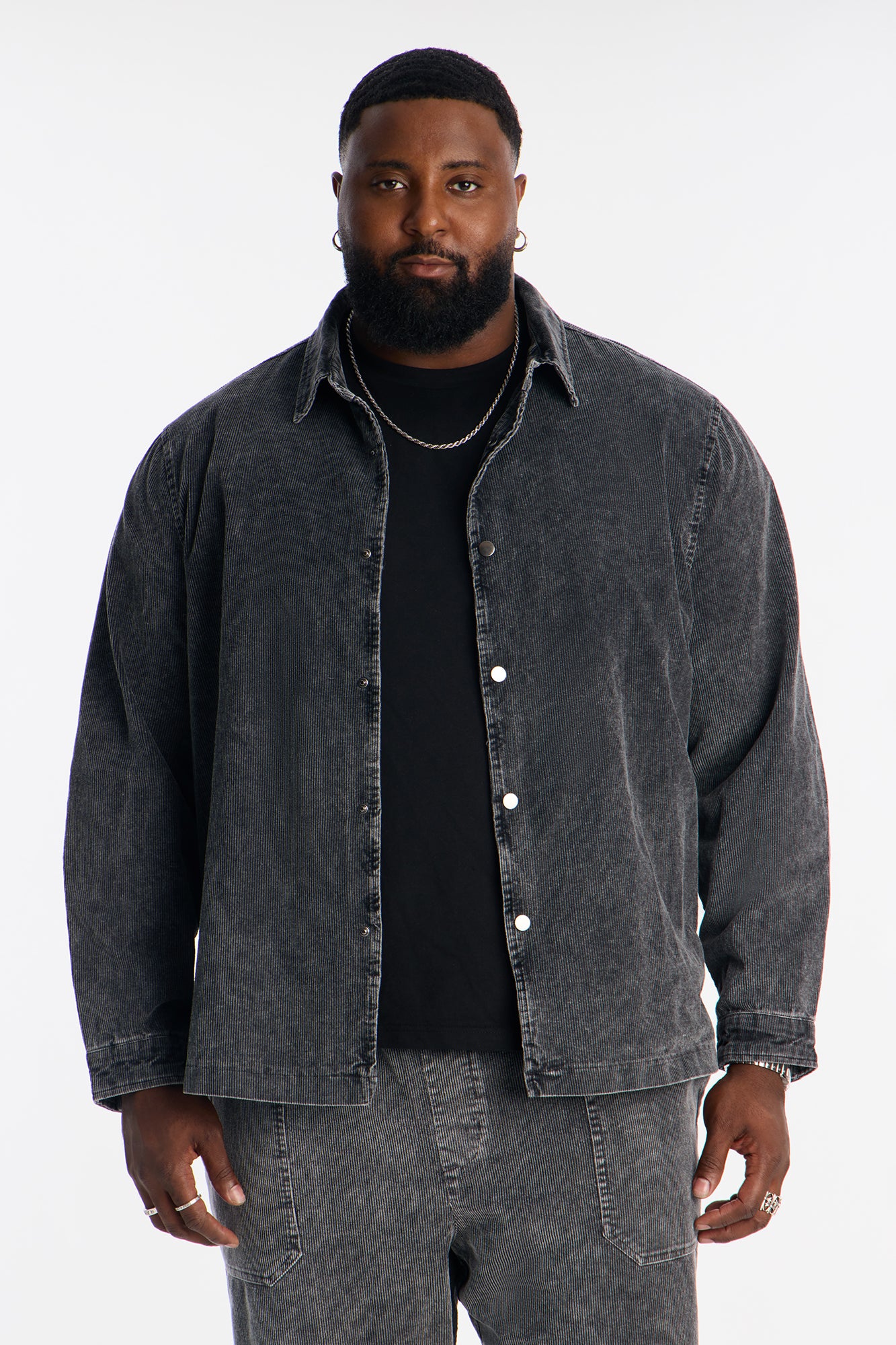 Chi Town Corduroy Button Up Shirt - Acid Wash Black