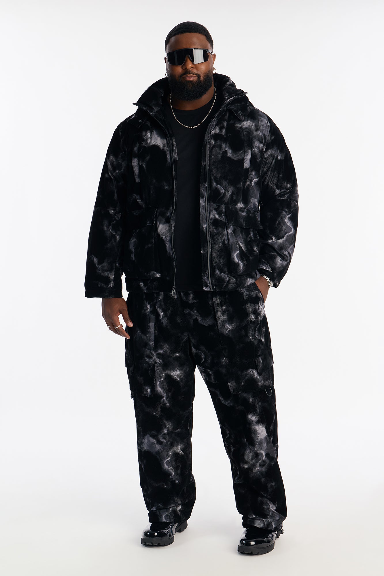 Padded Flocked Marble Ski Jacket - Black