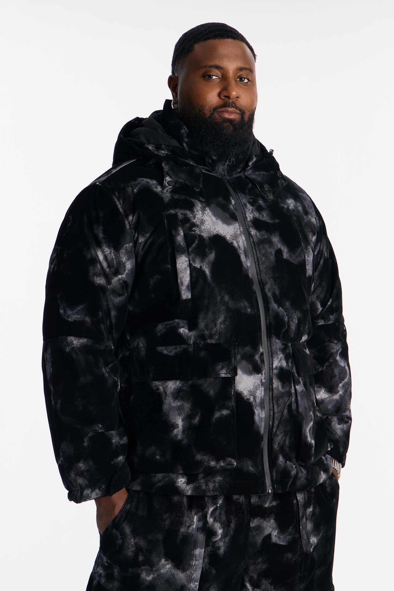 Padded Flocked Marble Ski Jacket - Black