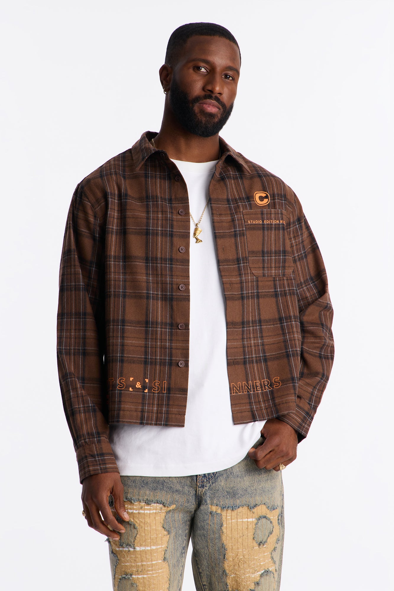 Cropped Culture Plaid Button Up Shirt - Brown