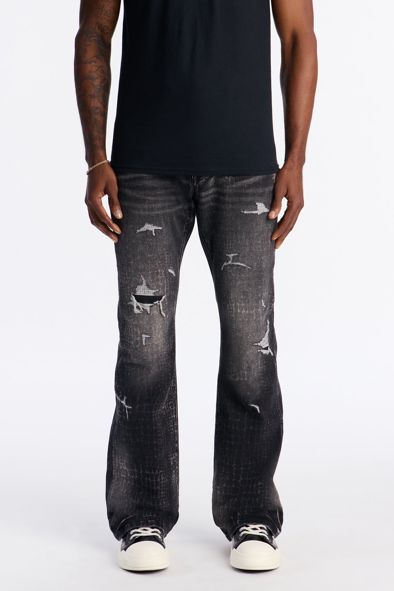Stacked Skinny Flare Bleach Croc Jean - Black Wash